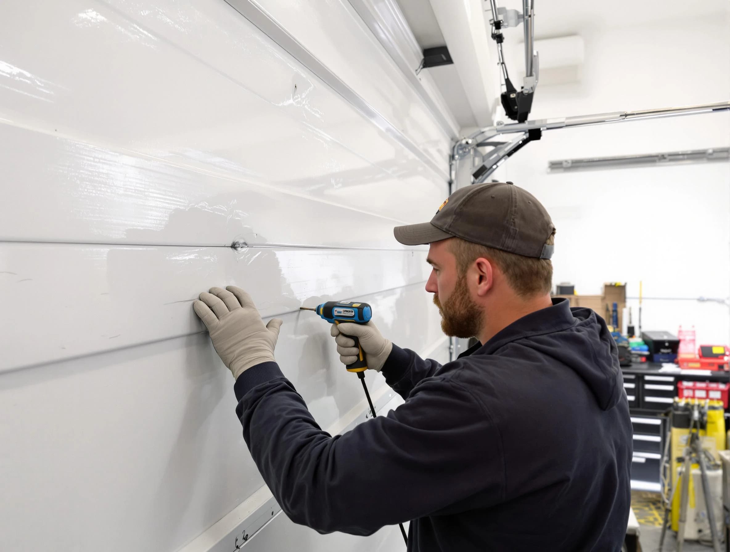 Ashland City Garage Door Repair technician demonstrating precision dent removal techniques on a Ashland City garage door